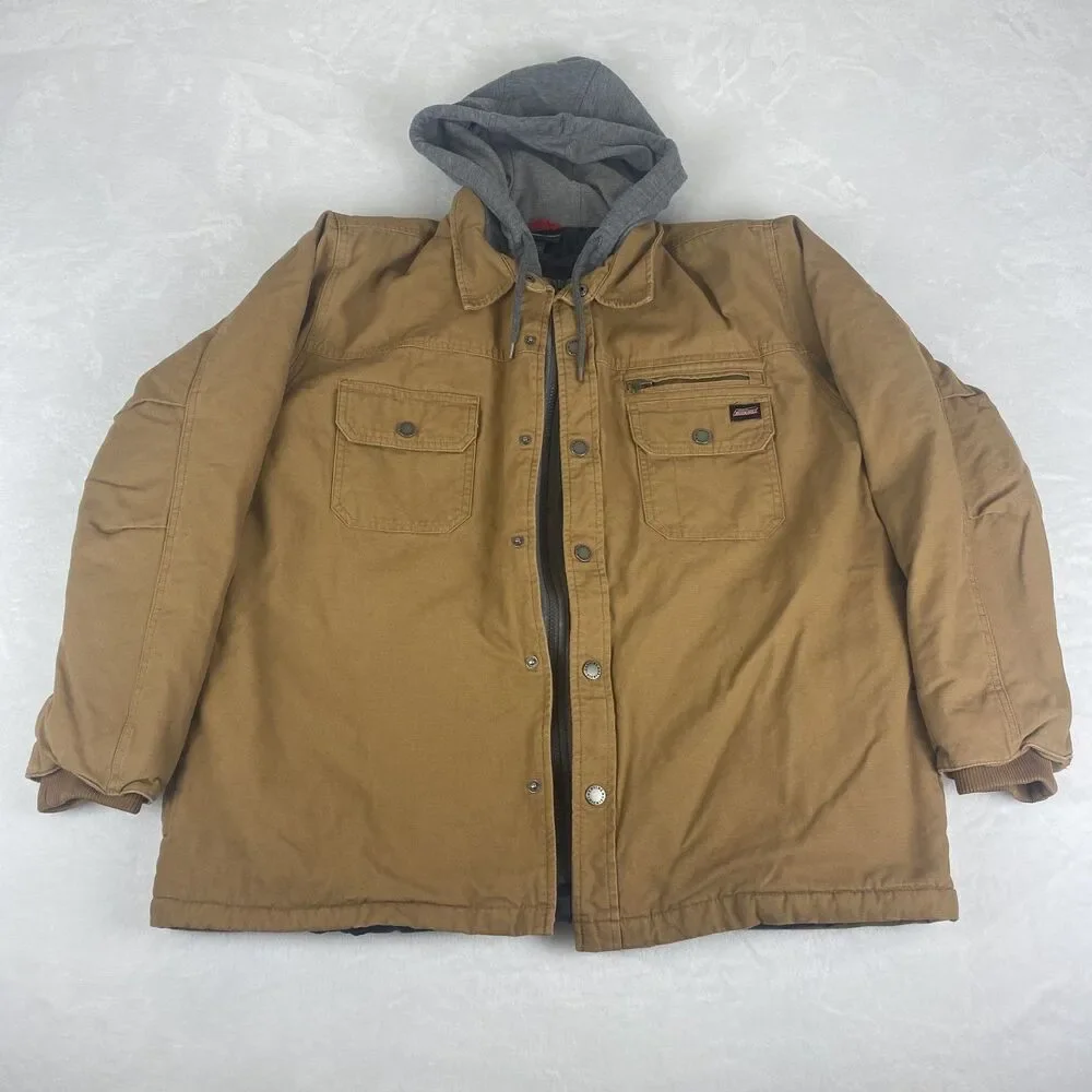 Dickies Jacket Mens Extra Large Brown Hooded Quilted Lined Duck Canvas Full Zip
